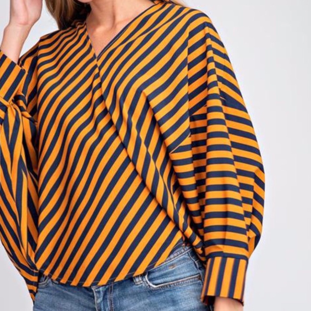 *NEW* MUSTARD AND NAVY STRIPED COLLARED BLOUSE WITH SURPLICE NECKLINE